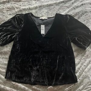 LOFT Black Velvet V-Neck Puff Sleeve Top New with tags